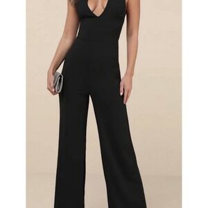 Lulus Black Wide Leg Jumpsuit Crisscross Back Deep V-Neck Sleeveless XS